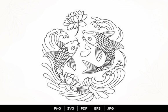 Download Koi Fish Lotus Line Art SVG - Art Collection