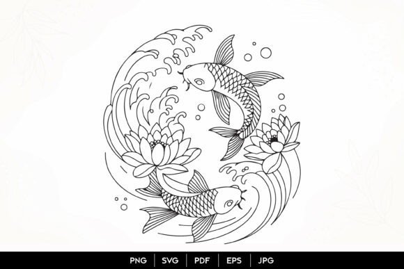 Download Koi Fish Lotus Wave Line Art SVGKoi Fish - Art Collection