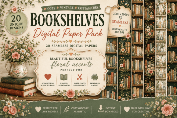 Download Forest Fairy Bookshelf Seamless Patterns - Pattern Collection