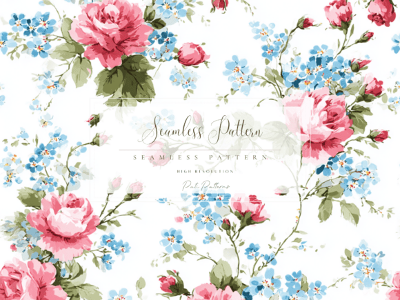 Download Vintage Pink Roses and Blue Forget-Me-Not Seamless Floral Pattern PNG - Pattern Collection