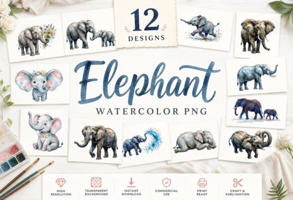 Download Watercolor Elephant PNG Set Cute Clipart - Art Collection